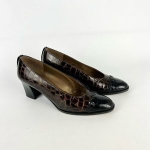 Stuart Weitzman Womens Brown Croc Embossed Pumps Black Cap Toe size 7AA Narrow